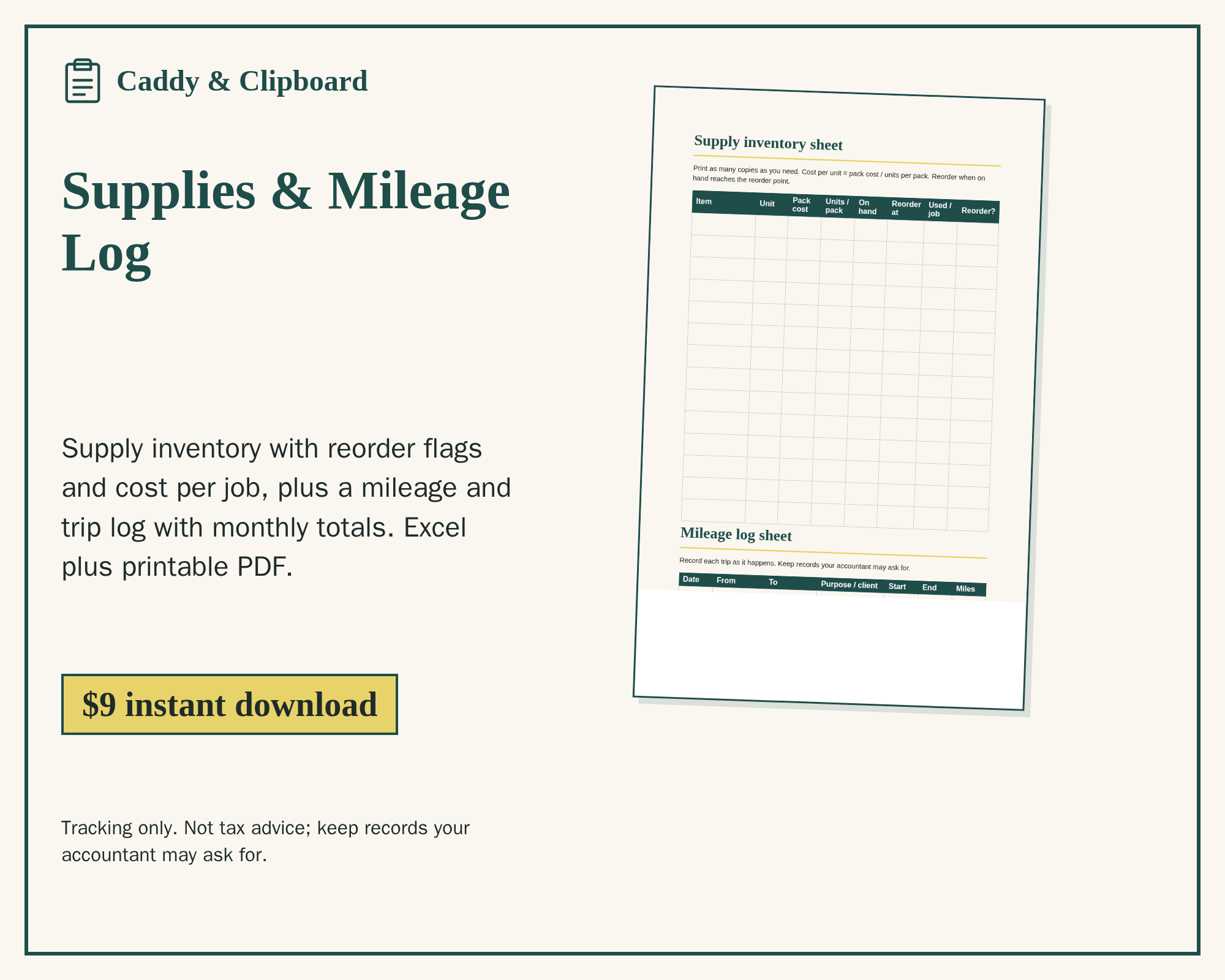 Cleaning Supplies Inventory and Mileage Log cover