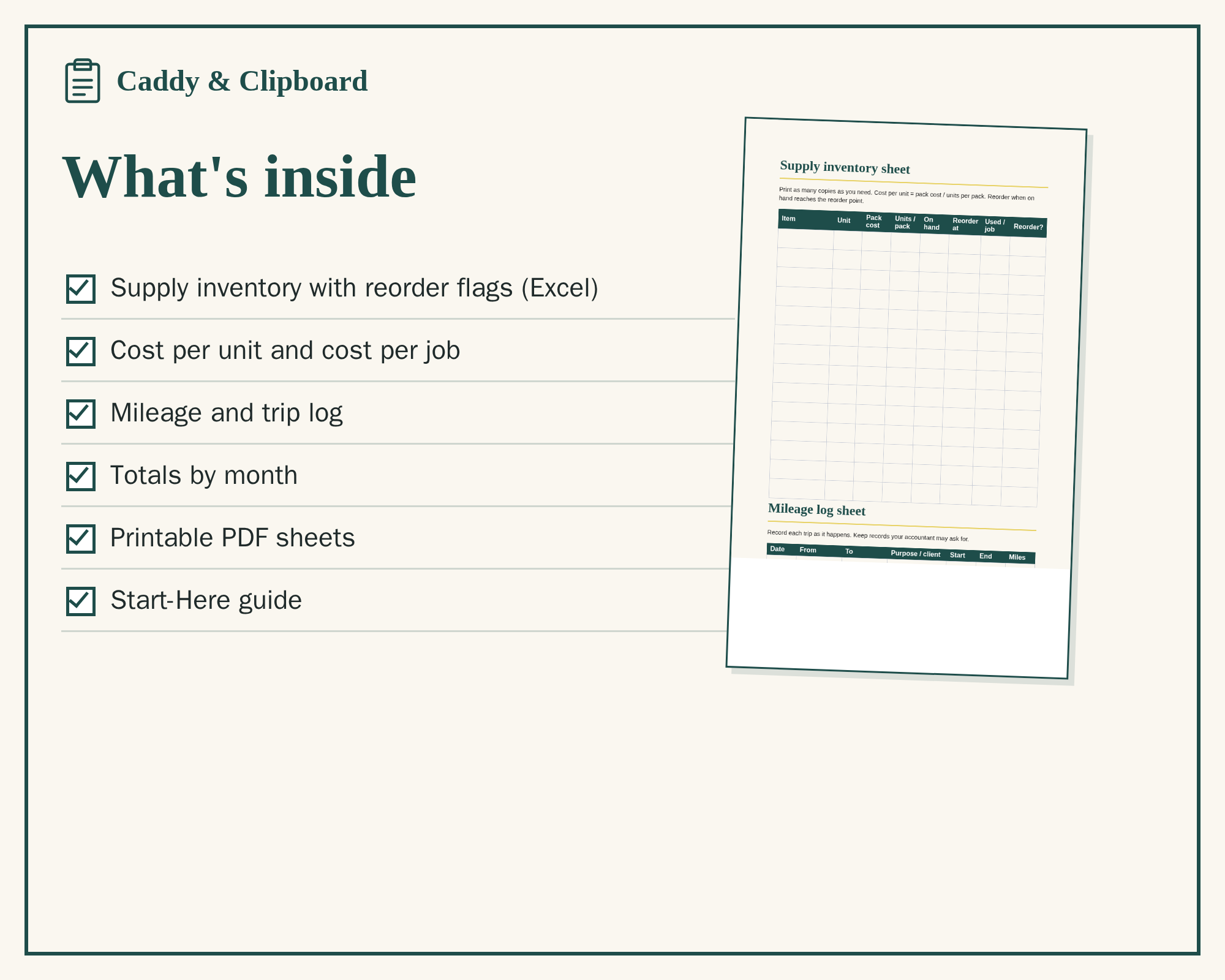 Inside Cleaning Supplies Inventory and Mileage Log